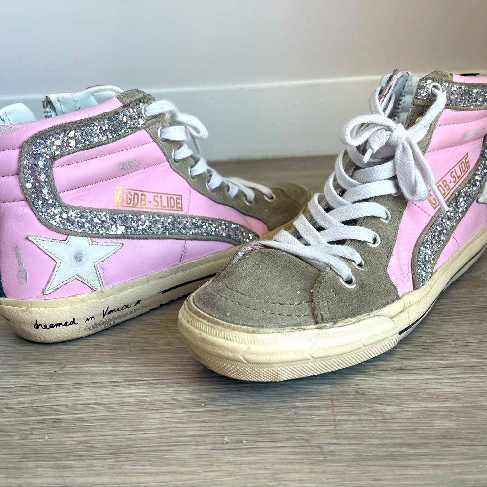 Golden Goose Slide Glittered Leather And Suede Sneakers
